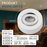 LED CCT Downlight, Ein- und Aufbaustrahler, schwenkbar, in Weiß, 5 W, 500 lm, 38°, 3000K-6500K einstellbar.