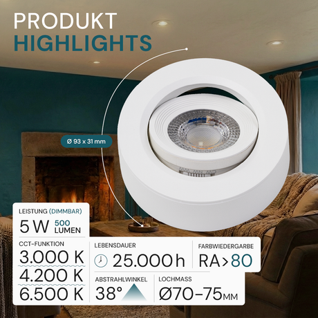 LED CCT Downlight, Ein- und Aufbaustrahler, schwenkbar, in Weiß, 5 W, 500 lm, 38°, 3000K-6500K einstellbar.