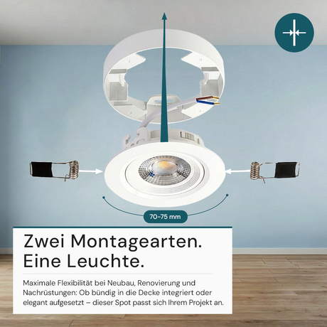 LED CCT Downlight, Ein- und Aufbaustrahler, schwenkbar, in Weiß, 5 W, 500 lm, 38°, 3000K-6500K einstellbar.