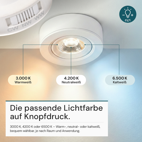 LED CCT Downlight, Ein- und Aufbaustrahler, schwenkbar, in Weiß, 5 W, 500 lm, 38°, 3000K-6500K einstellbar.