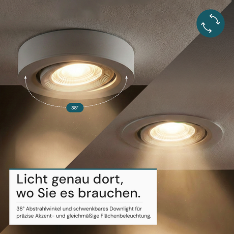LED CCT Downlight, Ein- und Aufbaustrahler, schwenkbar, in Weiß, 5 W, 500 lm, 38°, 3000K-6500K einstellbar.