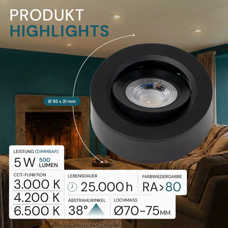 LED CCT Downlight, Ein- und Aufbaustrahler, schwenkbar, in Schwarz, 5 W, 500 lm, 38°, 3000K-6500K einstellbar