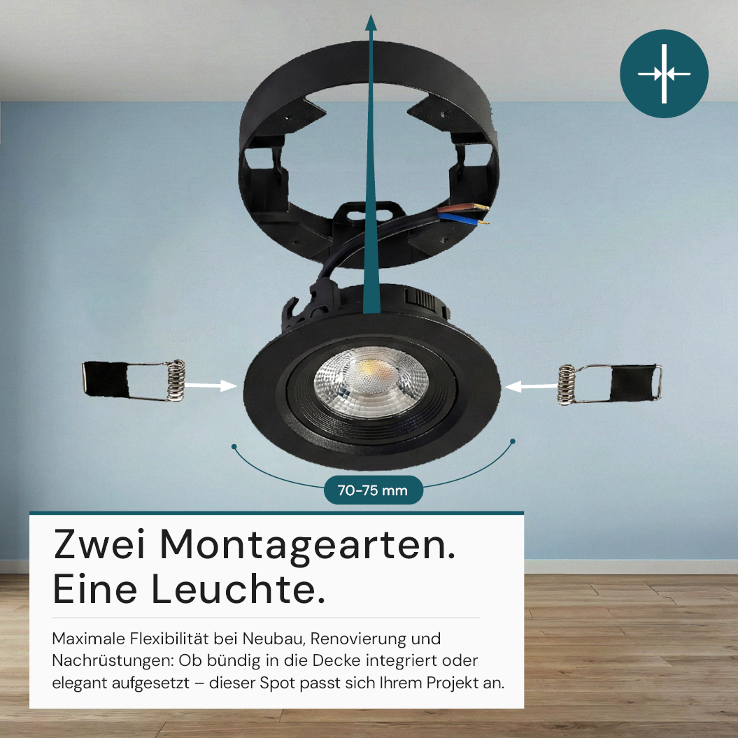 LED CCT Downlight, Ein- und Aufbaustrahler, schwenkbar, in Schwarz, 5 W, 500 lm, 38°, 3000K-6500K einstellbar