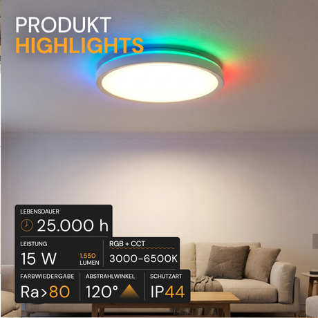 RGB Panel Up&Down, 15W, 1550lm, IP44, ø283x28mm, 3000-6500K (CCT), dimmbar, weiß.