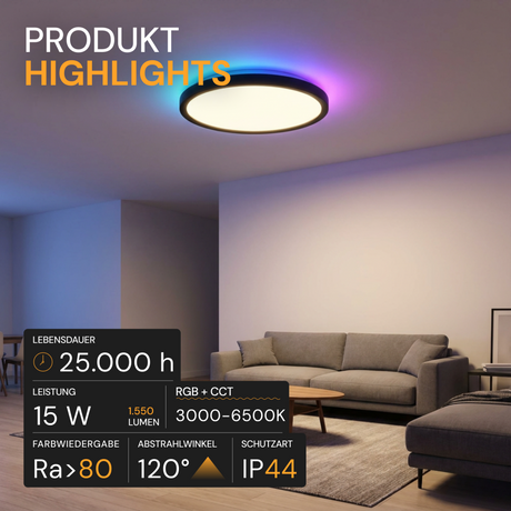 RGB Panel Up&Down, 15W, 1550lm, IP44, ø283x28mm, 3000-6500 K (CCT), dimmbar, schwarz.