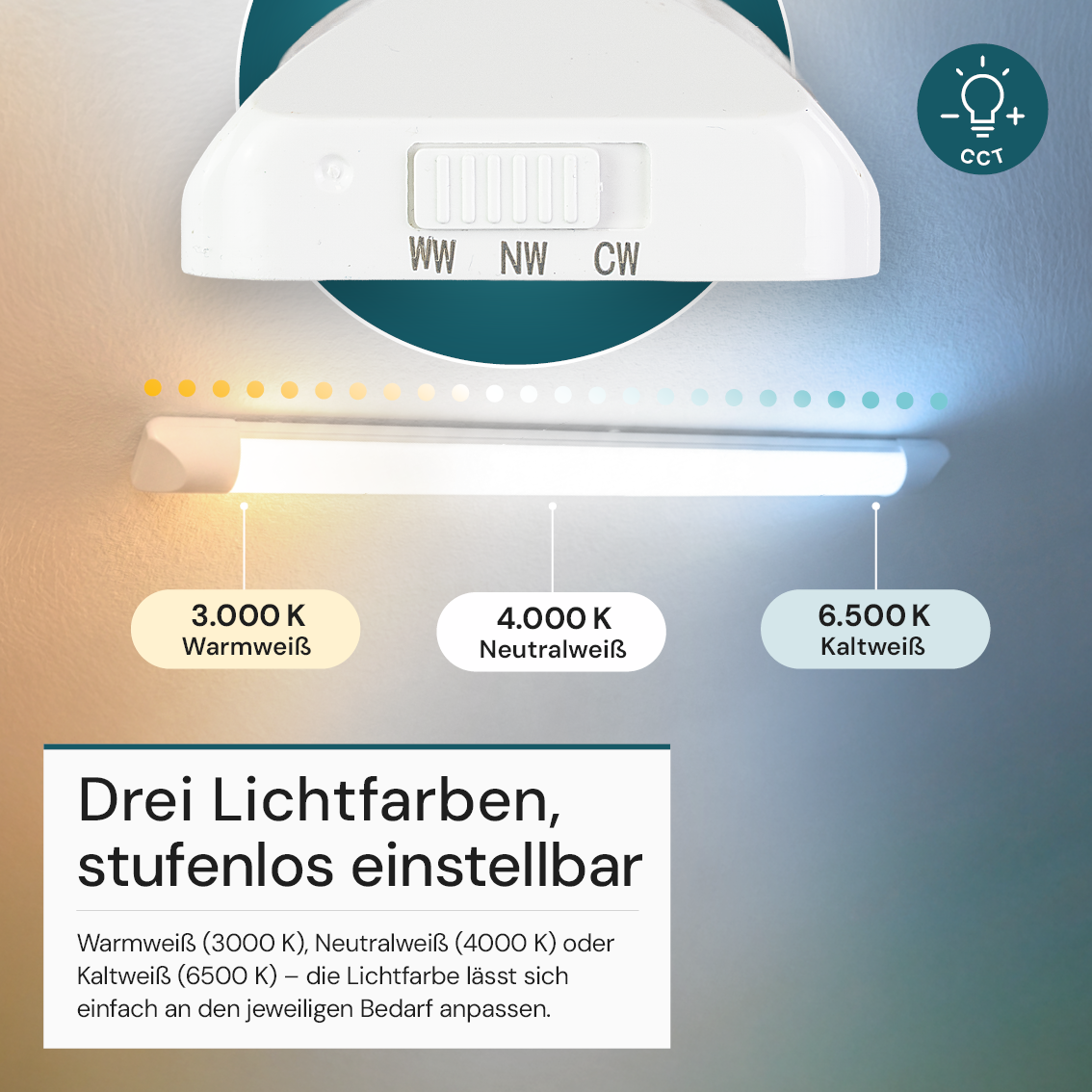 LED Unterbauleuchte, 60 cm, 18 W, 1850 lm, 3000-4000-6500 K, IP20, Lichtfarbe einstellbar, mit Anschlussblock, weiß