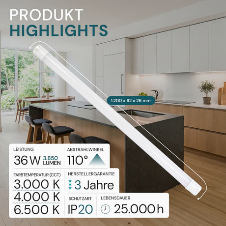 LED Unterbauleuchte, 120 cm, 36 W, 3850 lm, 3000-4000-6500 K, IP20, Lichtfarbe einstellbar, mit Anschlussblock, weiß