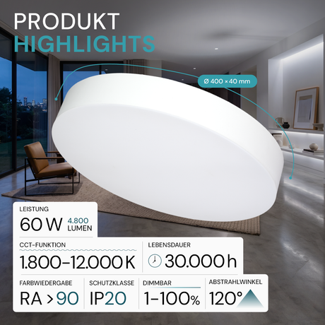 LED Sky Light, Deckenleuchte, Full Spectrum, 60W, 4800lm, IP20, ø400x40mm, 1800-12000K (CCT), weiß.