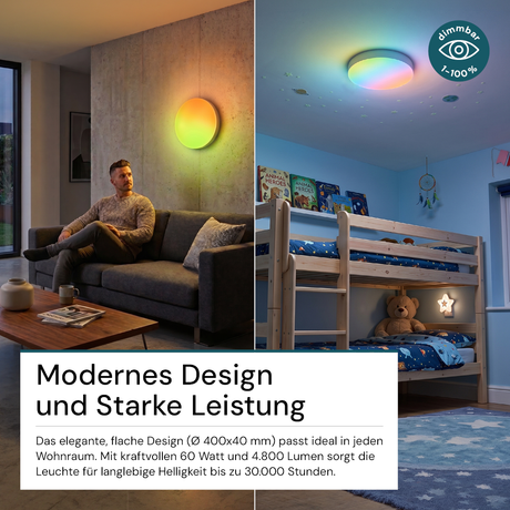 LED Sky Light, Deckenleuchte, Full Spectrum, 60W, 4800lm, IP20, ø400x40mm, 1800-12000K (CCT), weiß.