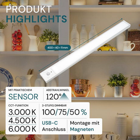 LED Schrankbeleuchtung mit Bewegungsmelder, Silberton, 40 cm, dimmbar, einstellbare Lichtfarbe, USB-aufladbar, einfache Befestigung, Unterbauleuchte