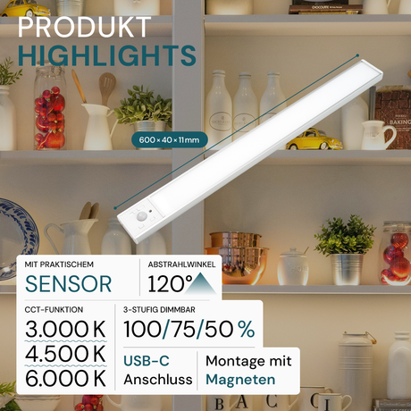 LED Schrankbeleuchtung mit Bewegungsmelder, Silberton, 60 cm, dimmbar, einstellbare Lichtfarbe, USB-aufladbar, einfache Befestigung, Unterbauleuchte