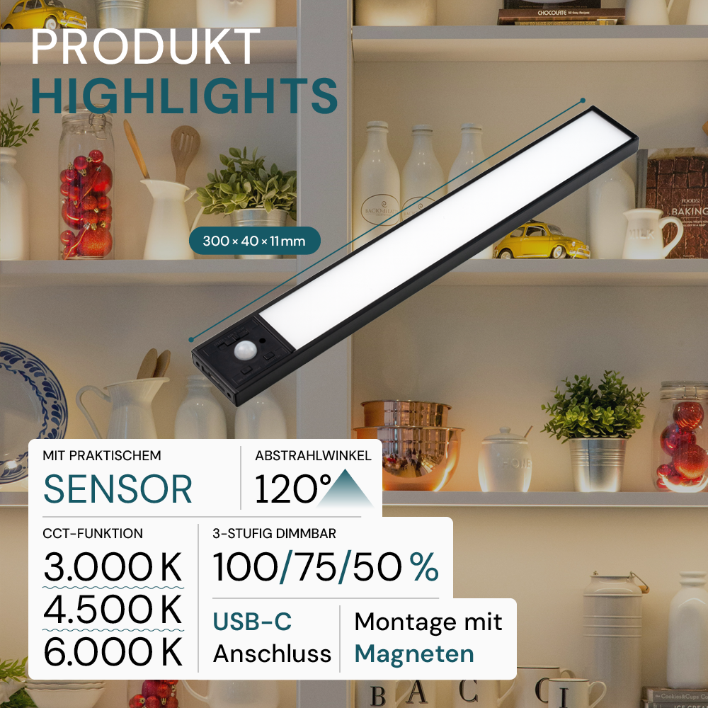 LED Schrankbeleuchtung mit Bewegungsmelder, schwarz, 30 cm, dimmbar, einstellbare Lichtfarbe, USB-aufladbar, einfache Befestigung, Unterbauleuchte –