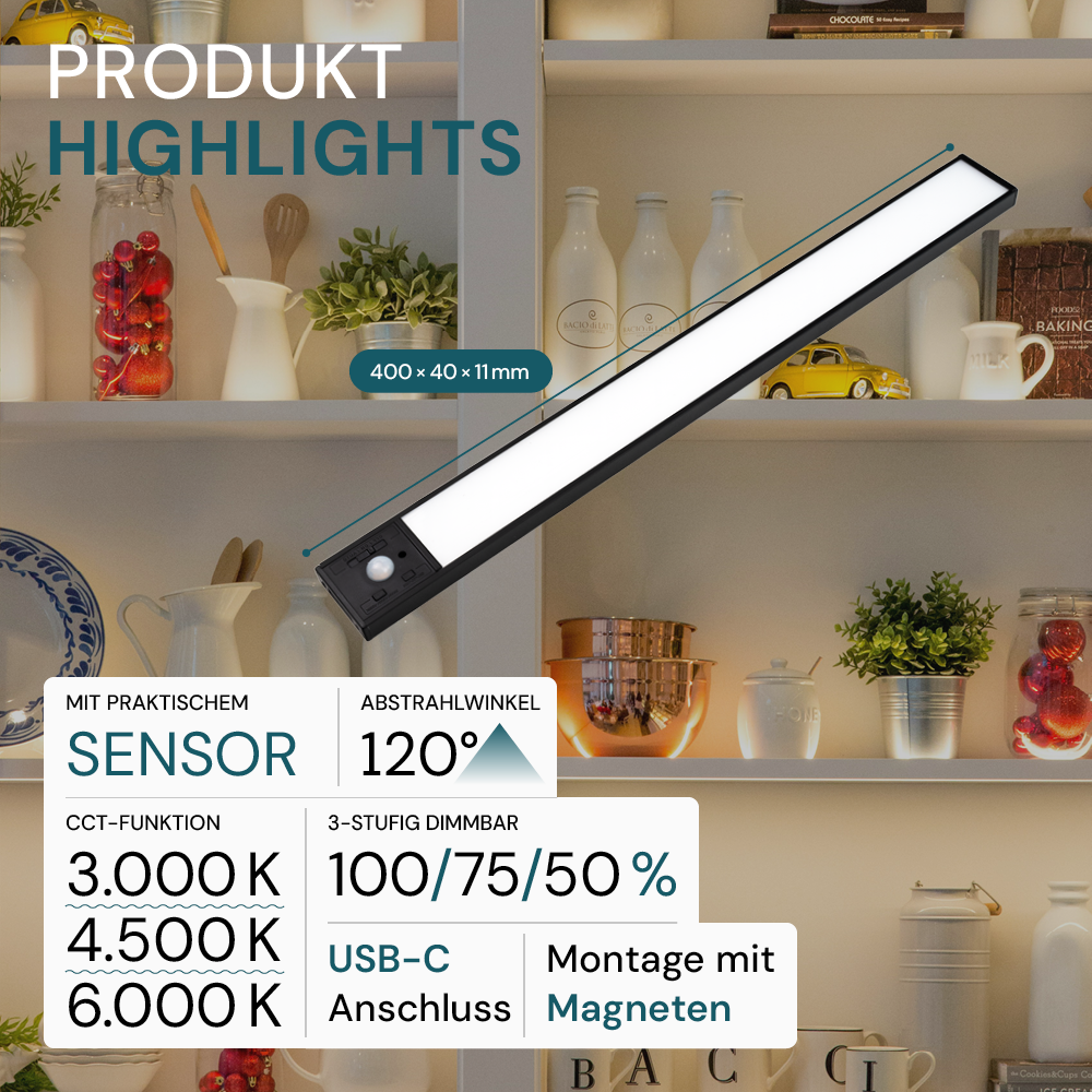 LED Schrankbeleuchtung mit Bewegungsmelder, schwarz, 40 cm, dimmbar, einstellbare Lichtfarbe, USB-aufladbar, einfache Befestigung, Unterbauleuchte –