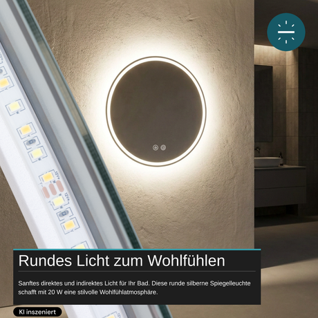 LED Spiegelleuchte, 20 W, 232 lm, ⌀600mm, 3CCT, Touchdimmer, Anti-Beschlag, silber