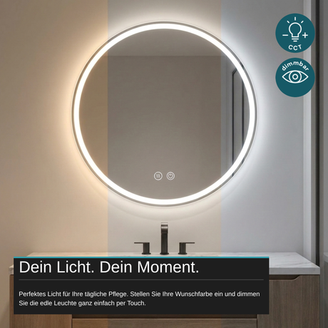 LED Spiegelleuchte, 20 W, 232 lm, ⌀600mm, 3CCT, Touchdimmer, Anti-Beschlag, silber.