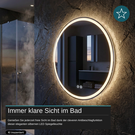 LED Spiegelleuchte, 20 W, 232 lm, ⌀600mm, 3CCT, Touchdimmer, Anti-Beschlag, silber