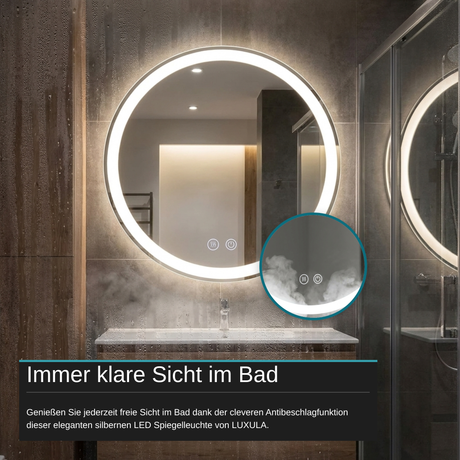 LED Spiegelleuchte, 20 W, 232 lm, ⌀600mm, 3CCT, Touchdimmer, Anti-Beschlag, silber.