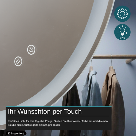 LED Spiegelleuchte, 20 W, 232 lm, ⌀600mm, 3CCT, Touchdimmer, Anti-Beschlag, silber
