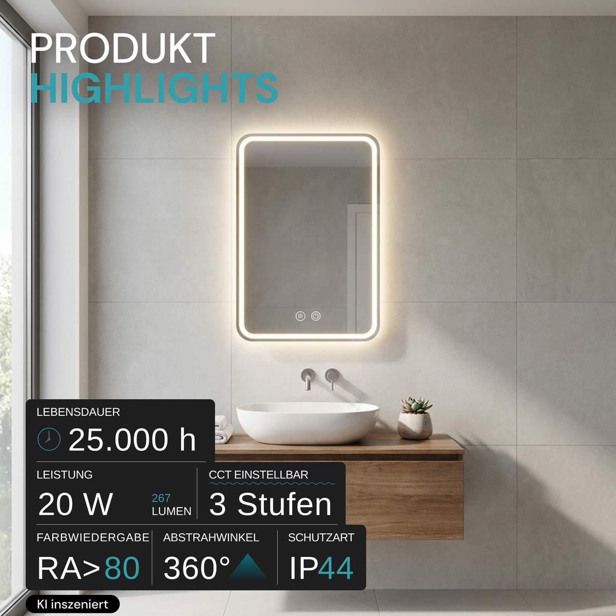 LED Spiegelleuchte, 20 W, 267 lm, 700x500mm, 3CCT, Touchdimmer, Anti-Beschlag, silber.
