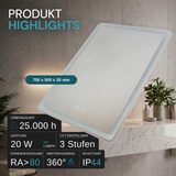 LED Spiegelleuchte, 20 W, 267 lm, 700x500mm, 3CCT, Touchdimmer, Anti-Beschlag, silber