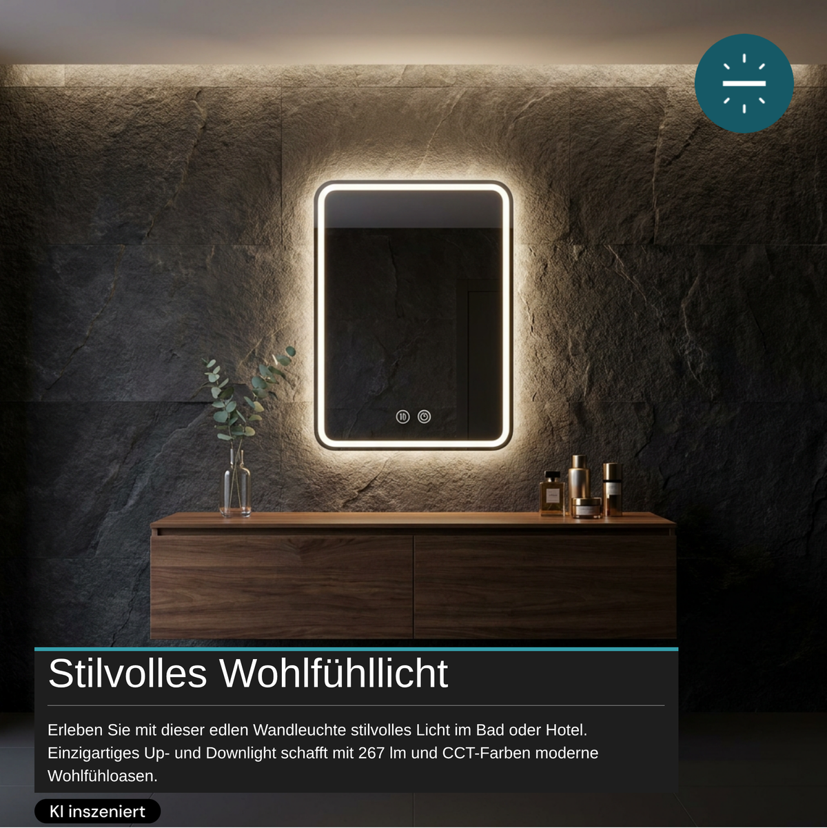 LED Spiegelleuchte, 20 W, 267 lm, 700x500mm, 3CCT, Touchdimmer, Anti-Beschlag, silber.