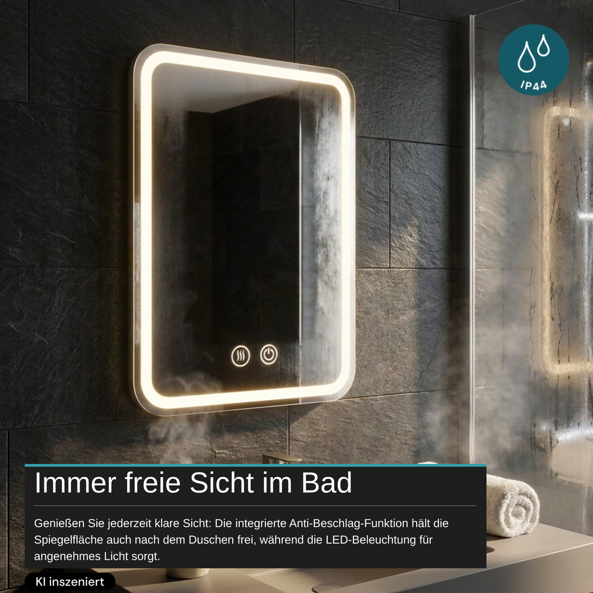 LED Spiegelleuchte, 20 W, 267 lm, 700x500mm, 3CCT, Touchdimmer, Anti-Beschlag, silber.