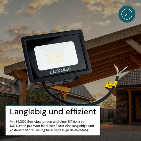 LED-Fluter, 20 W, 3000 K (warmweiß), 2000 lm, schwarz, IP65.