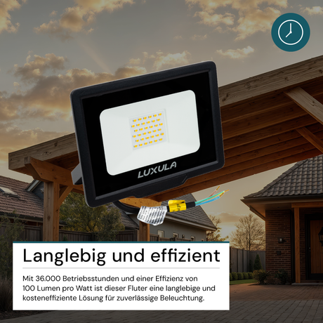 LED-Fluter, 30 W, 3000 K (warmweiß), 3000 lm, schwarz, IP65.