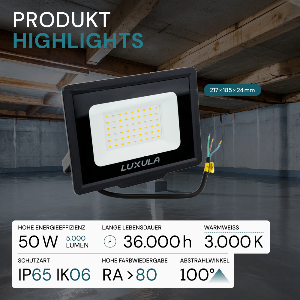 LED-Fluter, 50 W, 3000 K (warmweiß), 5000 lm, schwarz, IP65