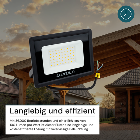 LED-Fluter, 50 W, 3000 K (warmweiß), 5000 lm, schwarz, IP65.