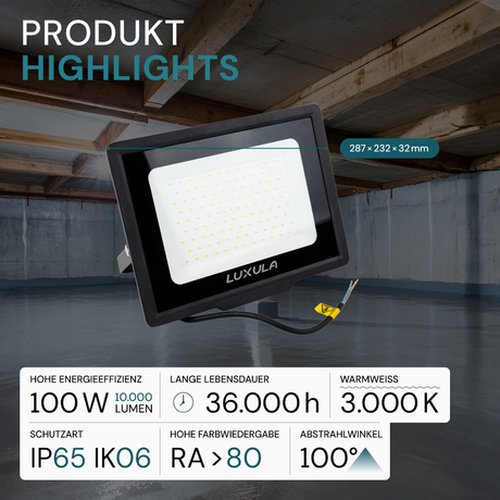 LED-Fluter, 100 W, 3000 K (warmweiß), 10000 lm, schwarz, IP65