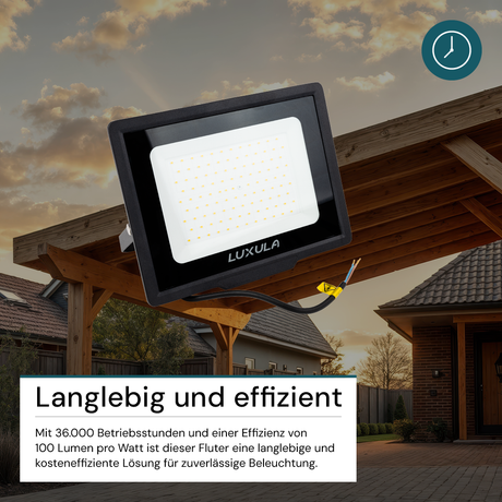 LED-Fluter, 100 W, 3000 K (warmweiß), 10000 lm, schwarz, IP65.