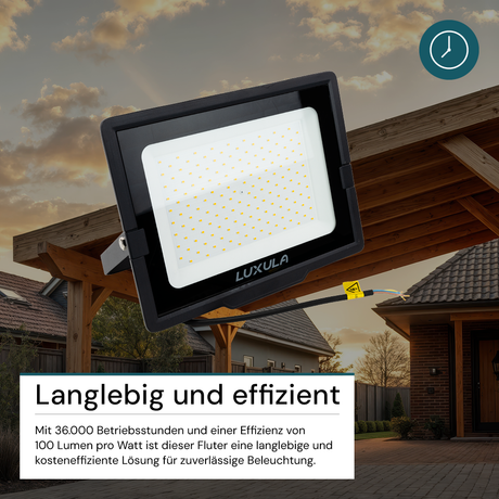 LED-Fluter, 150 W, 3000 K (warmweiß), 15000 lm, schwarz, IP65.