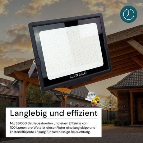 LED-Fluter, 200 W, 3000 K (warmweiß), 20000 lm, schwarz, IP65.