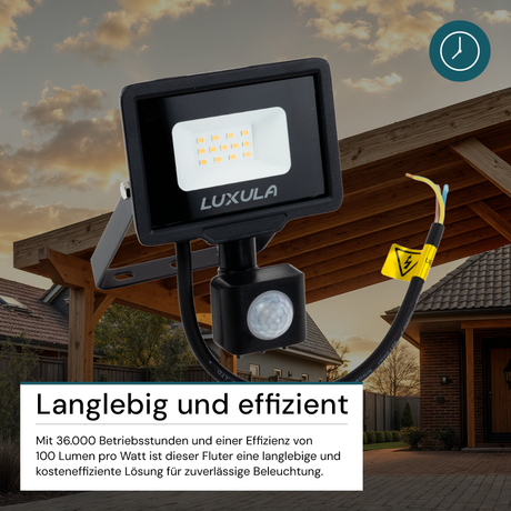 LED-Fluter mit Bewegungsmelder, 10 W, 4000 K (neutralweiß), 1000 lm, schwarz, IP65.
