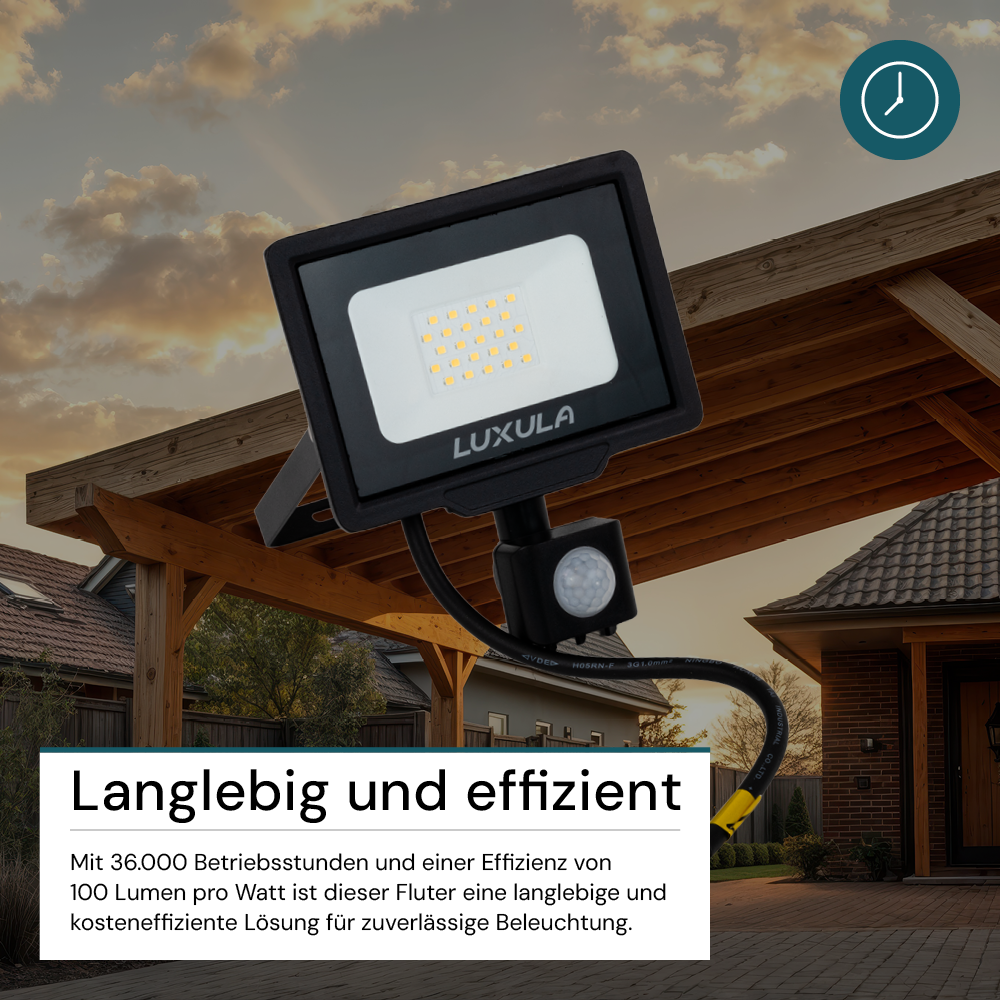 LED-Fluter mit Bewegungsmelder, 20 W, 4000 K (neutralweiß), 2000 lm, schwarz, IP65