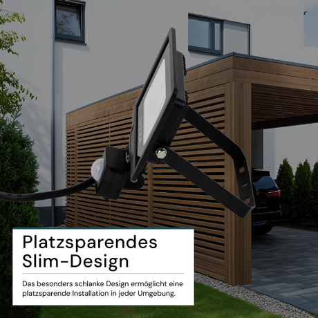 LED-Fluter mit Bewegungsmelder, 20 W, 3000 K (warmweiß), 2000 lm, schwarz, IP65.