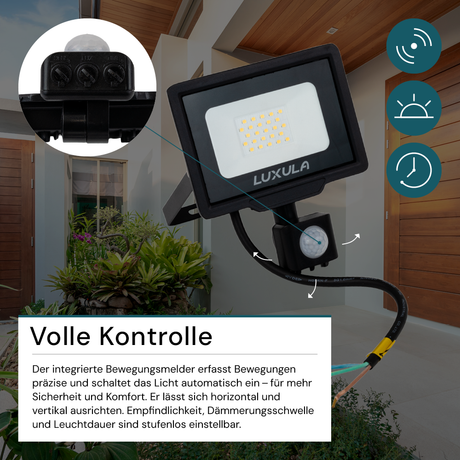 2er Pack LED-Fluter mit Bewegungsmelder, 20 W, 4000 K (neutralweiß), 2000 lm, schwarz, IP65.