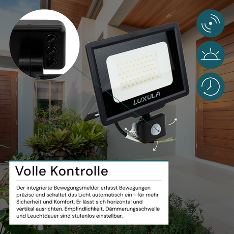 LED-Fluter mit Bewegungsmelder, 50 W, 4000 K (neutralweiß), 5000 lm, schwarz, IP65.