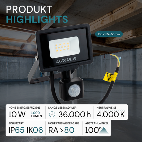 LED-Fluter mit Bewegungsmelder, 10 W, 4000 K (neutralweiß), 1000 lm, schwarz, IP65