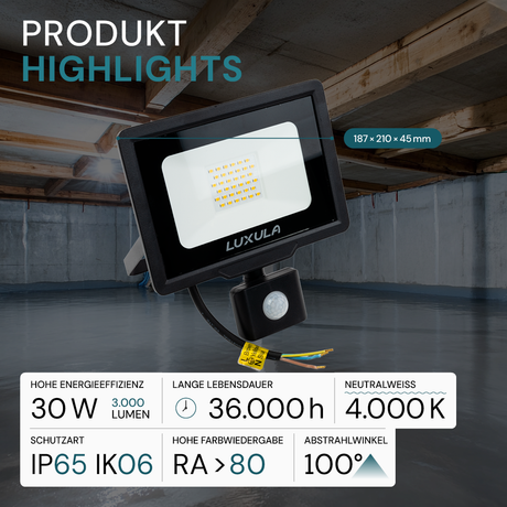 LED-Fluter mit Bewegungsmelder, 30 W, 4000 K (neutralweiß), 3000 lm, schwarz, IP65