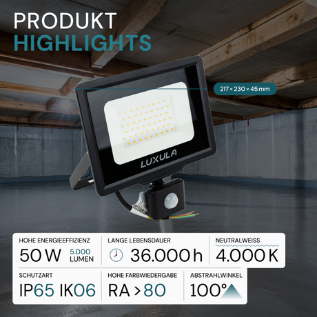 2er Pack LED-Fluter mit Bewegungsmelder, 50 W, 4000 K (neutralweiß), 5000 lm, schwarz, IP65.