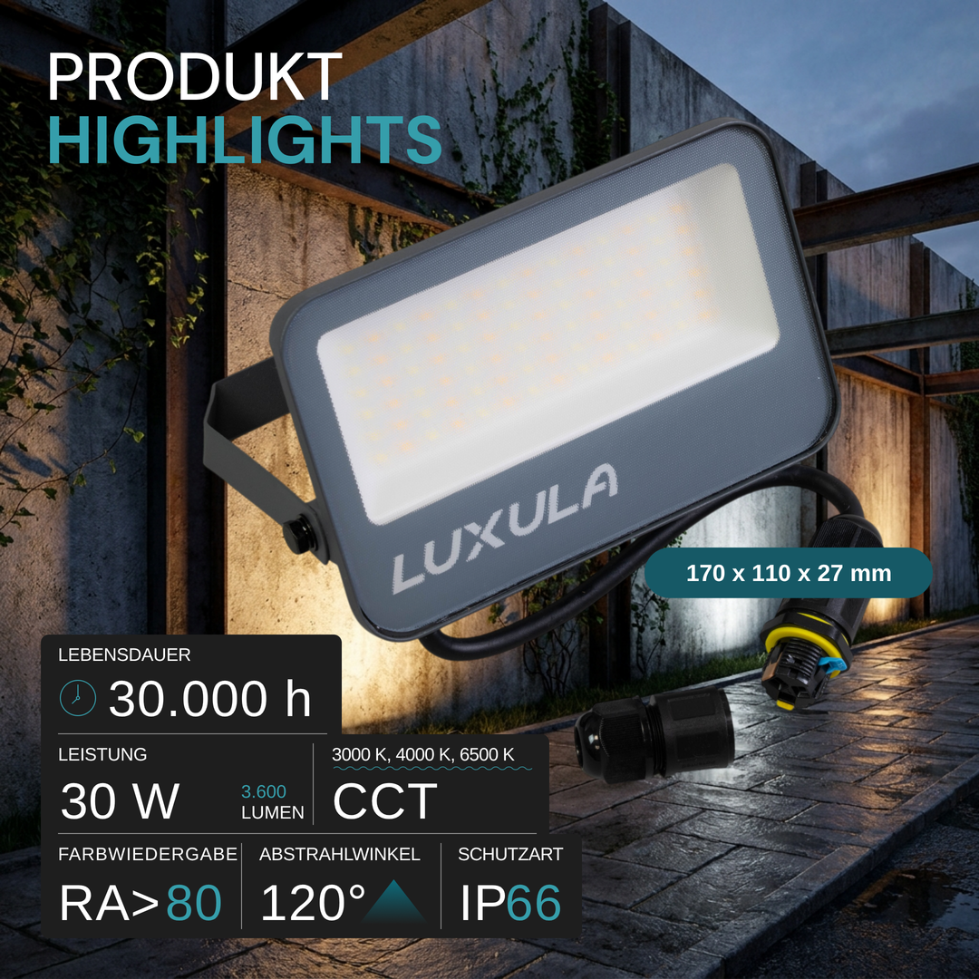 LED CCT Fluter, 30W, 3CCT(3000K-4000K-6500K), 3600 lm, IP66, IK08,  Grau.