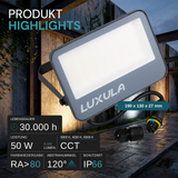 LED CCT Fluter, 50 W, 3CCT(3000K-4000K-6500K), 6000 lm, IP66, IK08,  Grau.