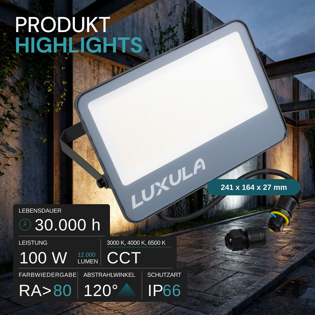 LED CCT Fluter, 100W, 3CCT(3000K-4000K-6500K), 12000 lm, IP66, IK08,  Grau.
