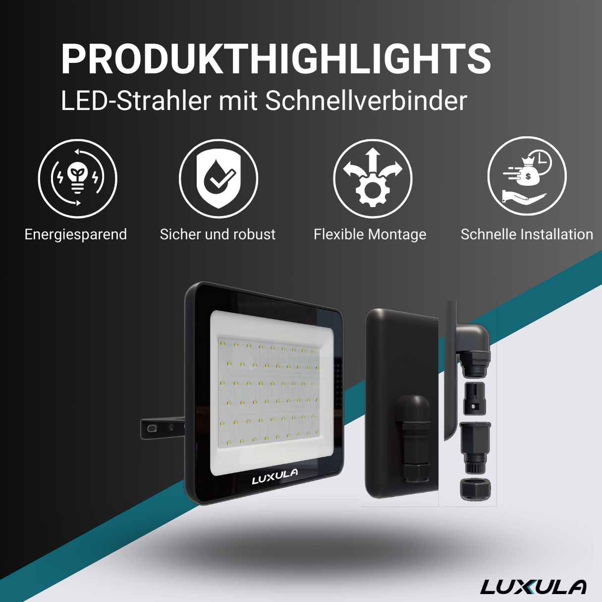 LED-Fluter mit Schnellverbinder, 10 W, 4000 K (neutralweiß), 950 lm, schwarz, IP65