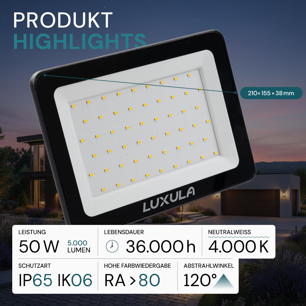 LED-Fluter mit Schnellverbinder, 50 W, 4000 K (neutralweiß), 5000 lm, schwarz, IP65