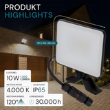 LED-Fluter, BeamPlug, 10 W, 4000 K (neutralweiß), 1200 lm, schwarz, energiesparend, verstellbare Leuchtrichtung, Plug-In Sensor Vorrichtung, IP65 Kabelverbinder, Wand- & Eckmontage