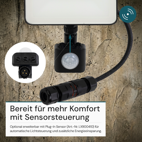 LED-Fluter, BeamPlug, 20 W, 4000 K (neutralweiß), 2400 lm, schwarz, energiesparend, verstellbare Leuchtrichtung, Plug-In Sensor Vorrichtung, IP65 Kabelverbinder, Wand- & Eckmontage