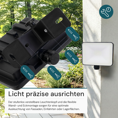 LED-Fluter, BeamPlug, 20 W, 4000 K (neutralweiß), 2400 lm, schwarz, energiesparend, verstellbare Leuchtrichtung, Plug-In Sensor Vorrichtung, IP65 Kabelverbinder, Wand- & Eckmontage